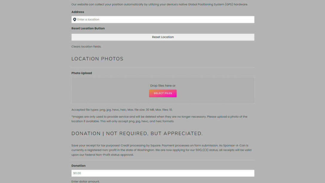 Sponsor-A-Can Update #11 | Adding photos to the encampment report tool form.